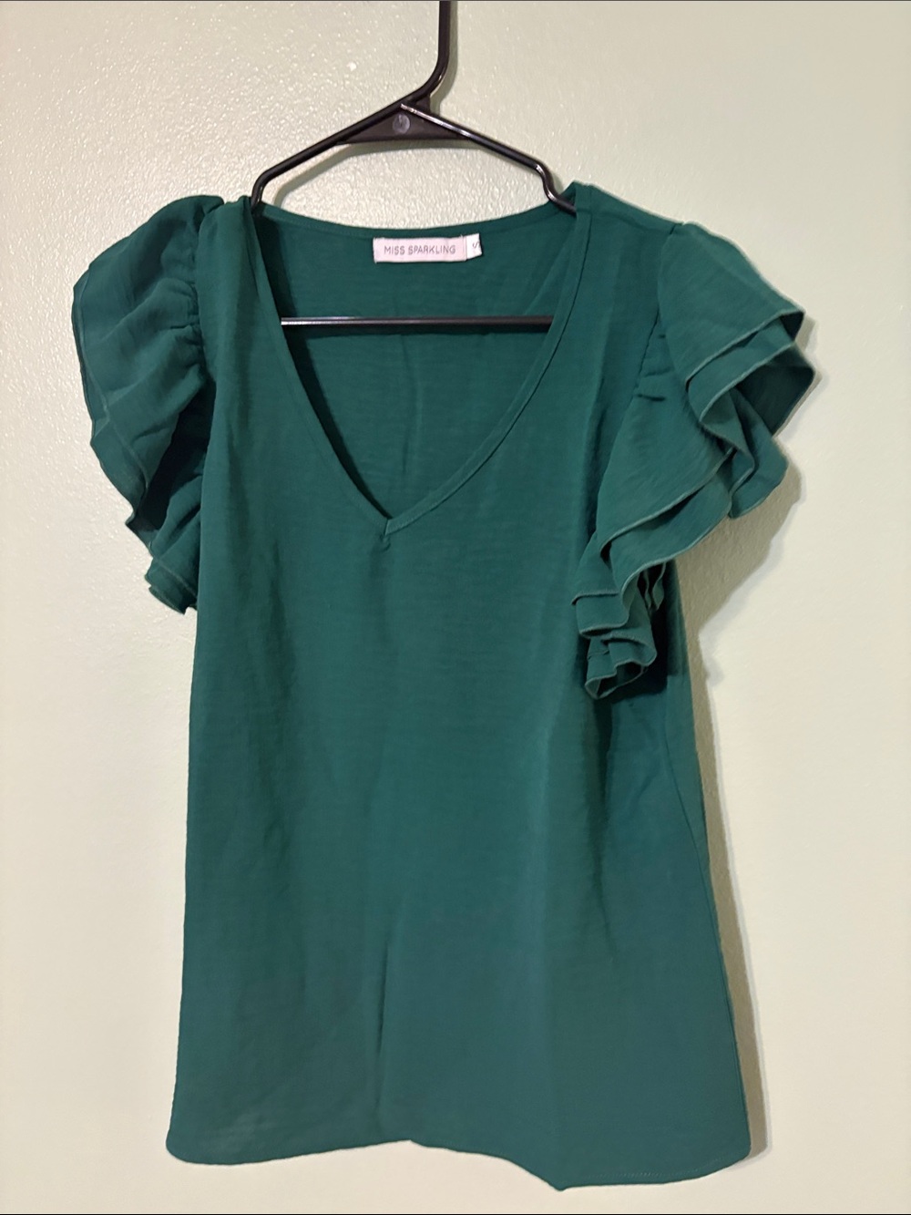 Miss Sparkling Deep Green V-Neck Ruffle Sleeve Blouse